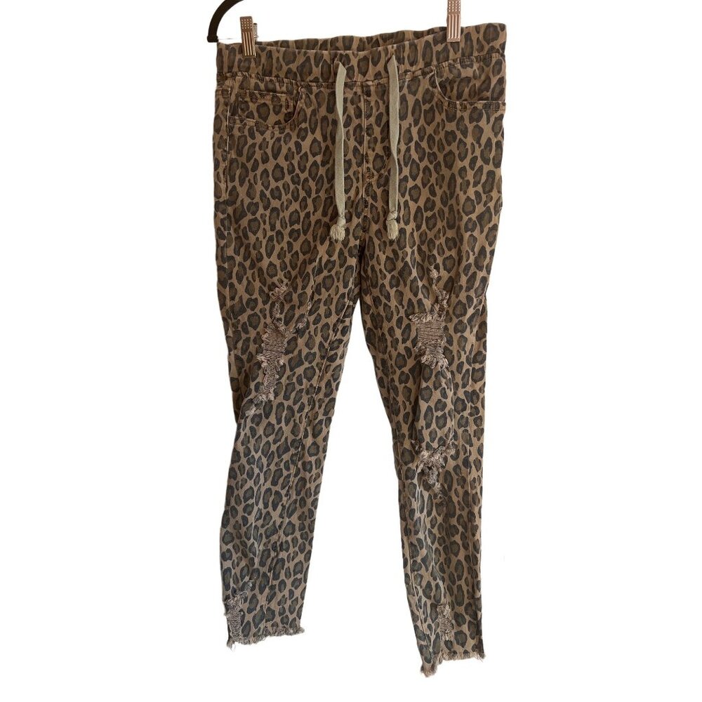 Leopard Print Distressed Jogger Jeans With Drawstring Waist & Raw Hem By YMI